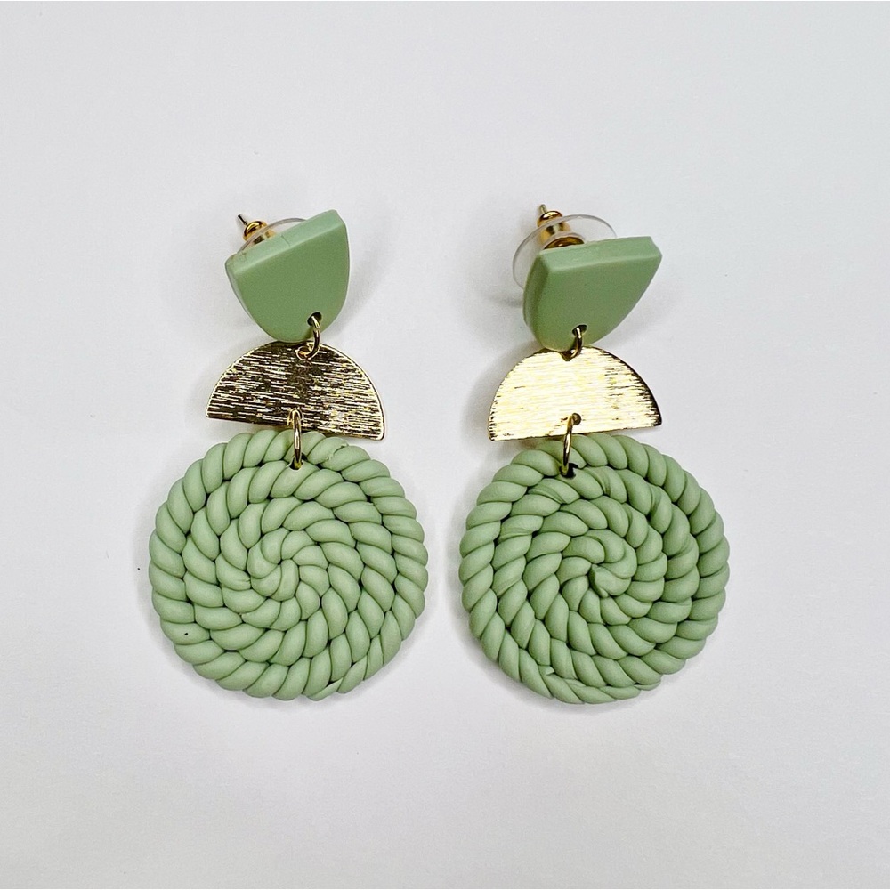 Rattan Round Drop Rope Earrings in Mint Green with Gold Accents